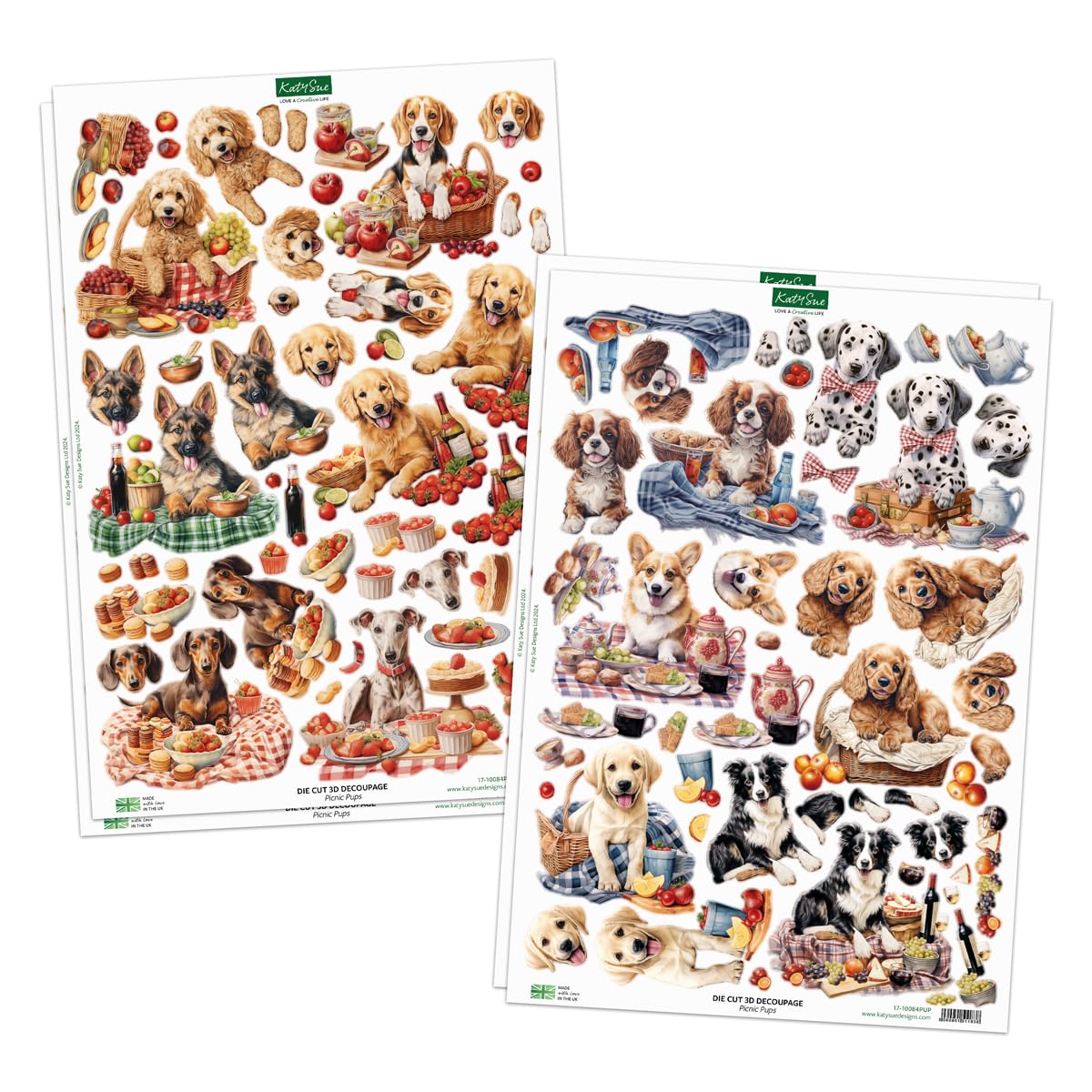 Katy Sue Designs Picnic Pups Die Cut Topper & Decoupage Collection. 4 Sheets of Dog-Themed Square Card Toppers & 4 Sheets of Matching Die Cut Decoupage Sheets for Card Making Supplies & Craft Supplies