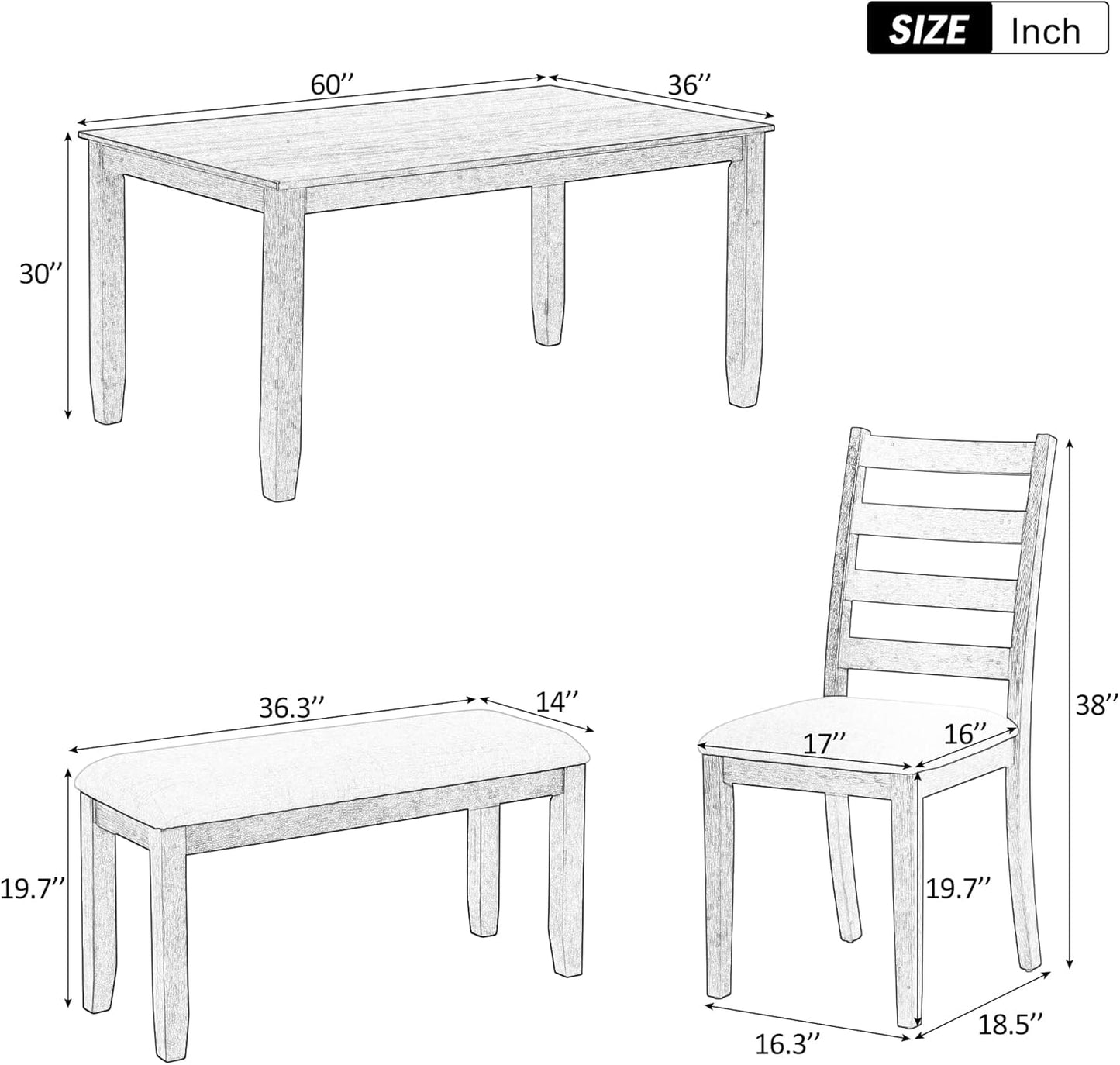 Ball & Cast 6 Piece Dining Table Set with 4 Upholstered Chairs & 1 Bench,Wooden Living Room Furniture W/ 60" Rectangle Kitchen Desk,for Restaurant,Home Bistro,Brown+White Wash