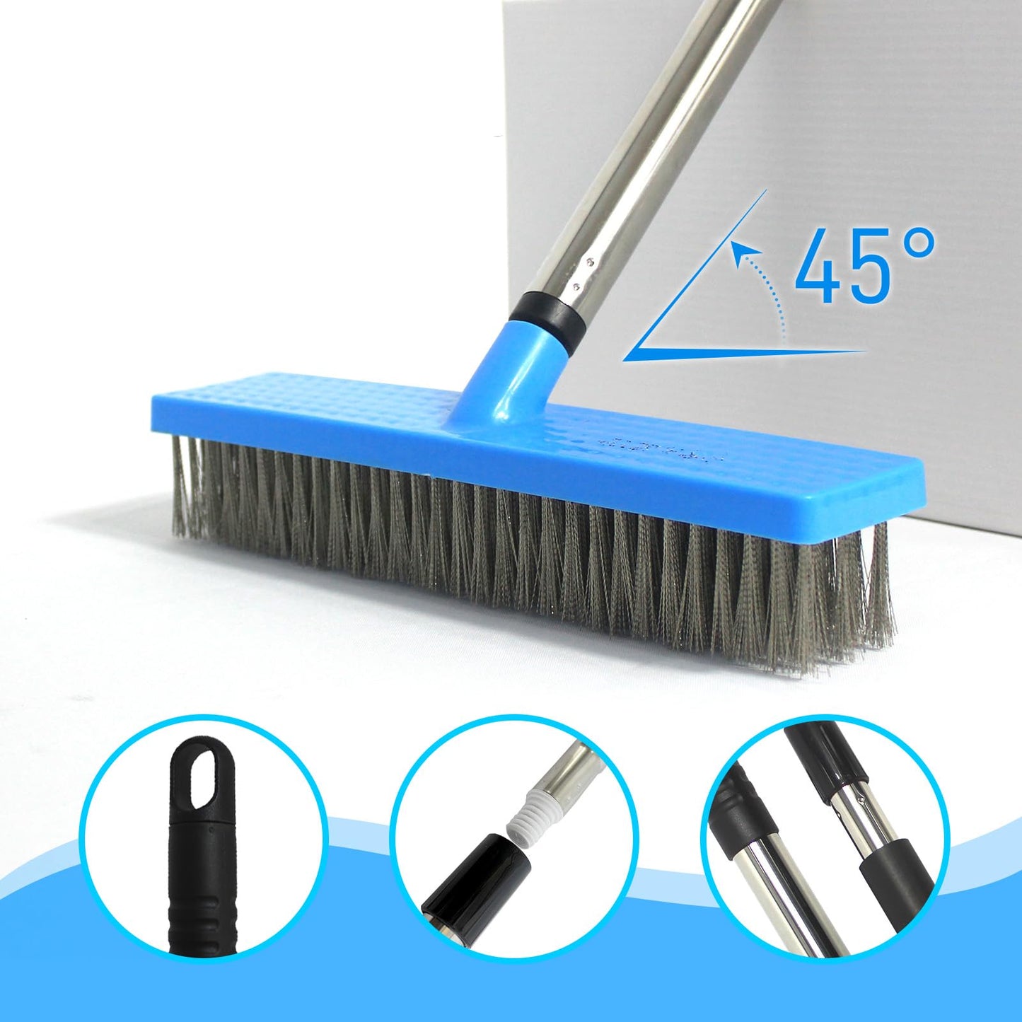 FRAXIR Stainless Steel Wire Broom Deck Scrubber Brush with 55” Adjustable Length Sturdy Long Handle, Stainless Steel Outdoor Broom for Cleaning Moss Concrete Floors Grout Gardens Patios