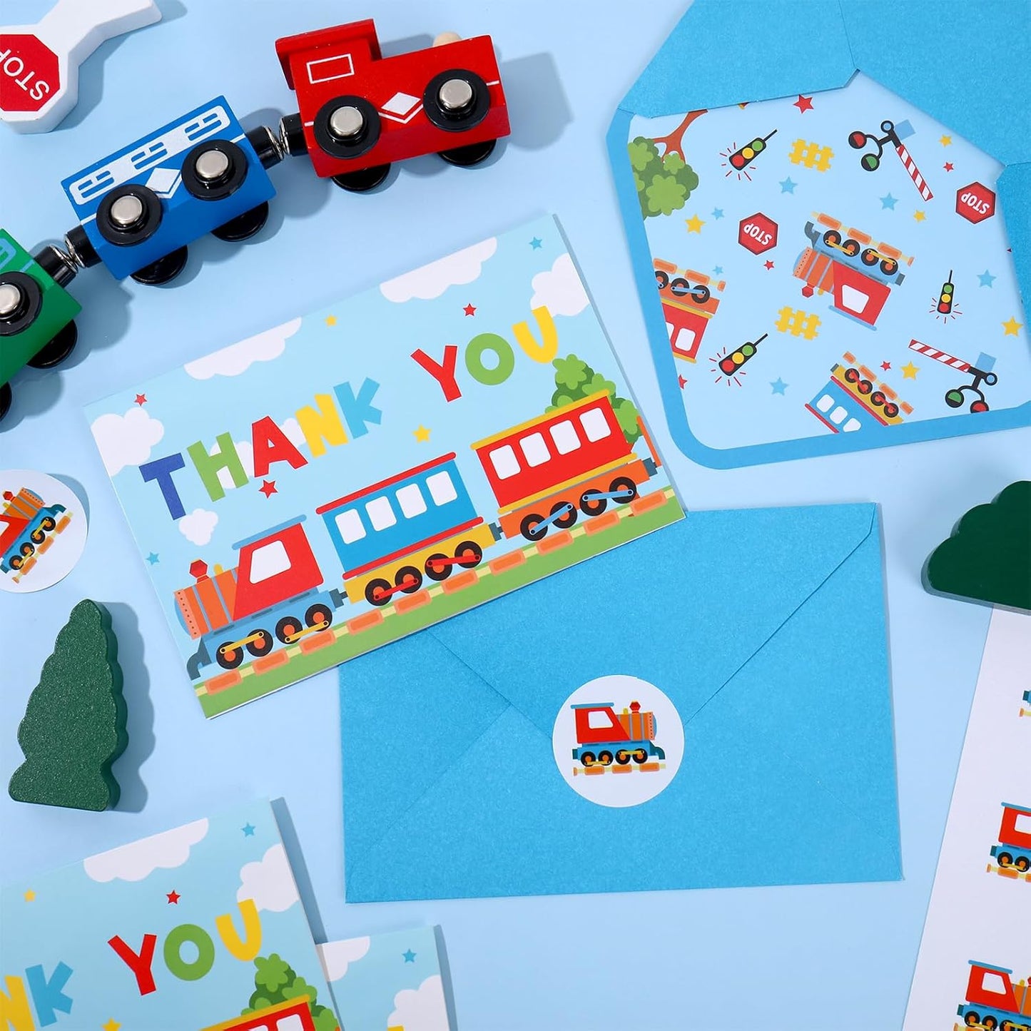 Whaline 24Pcs Cartoon Train Thank You Cards with Envelopes Stickers Blue Red Train Greeting Cards Blank Note Card for Birthday Baby Shower Party Supplies
