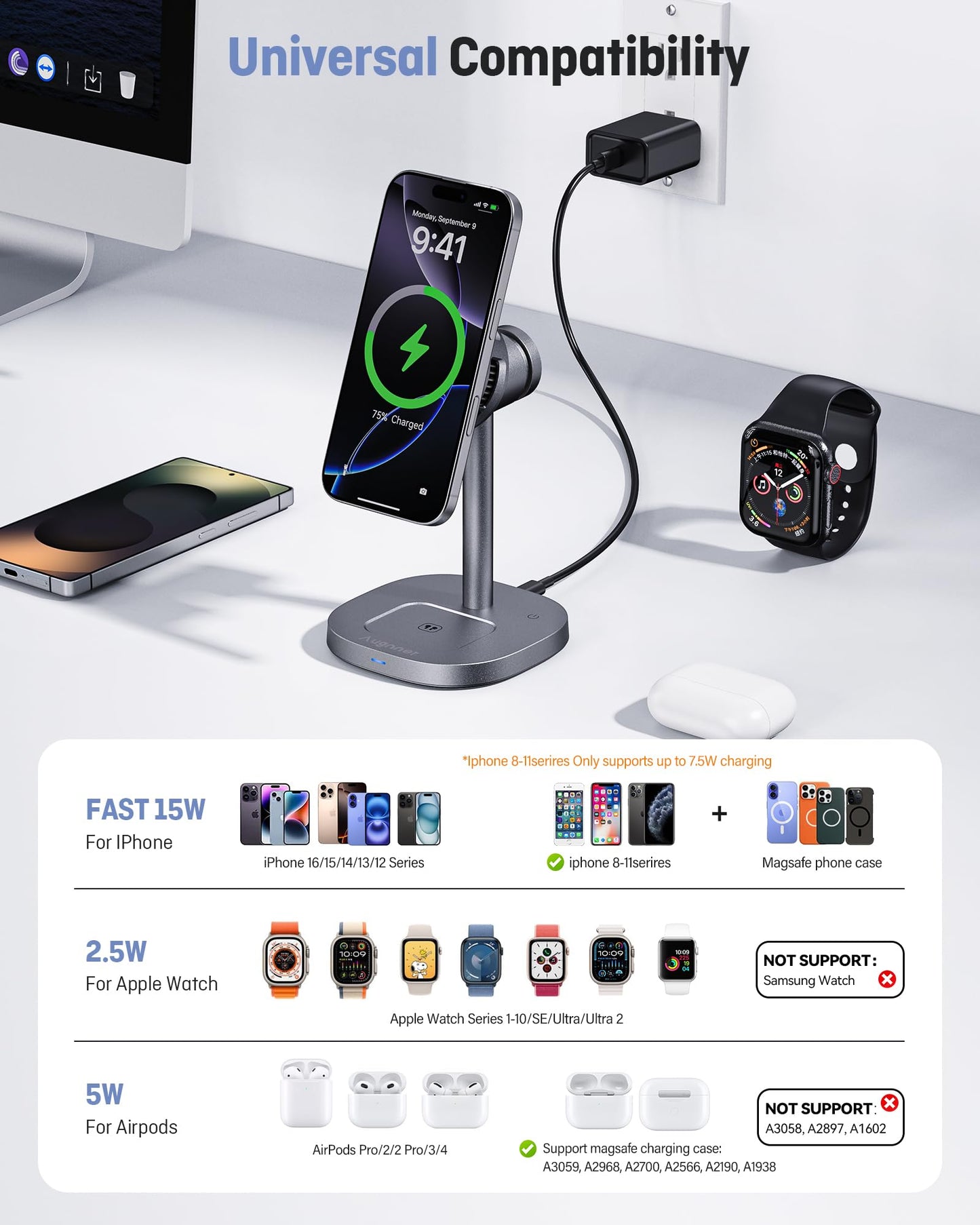 2025 New Magnetic Wireless Charger Stand With Active Cooling Fan, 15W Qi2-Certified 3 In 1 Charging Station For Apple Charger St