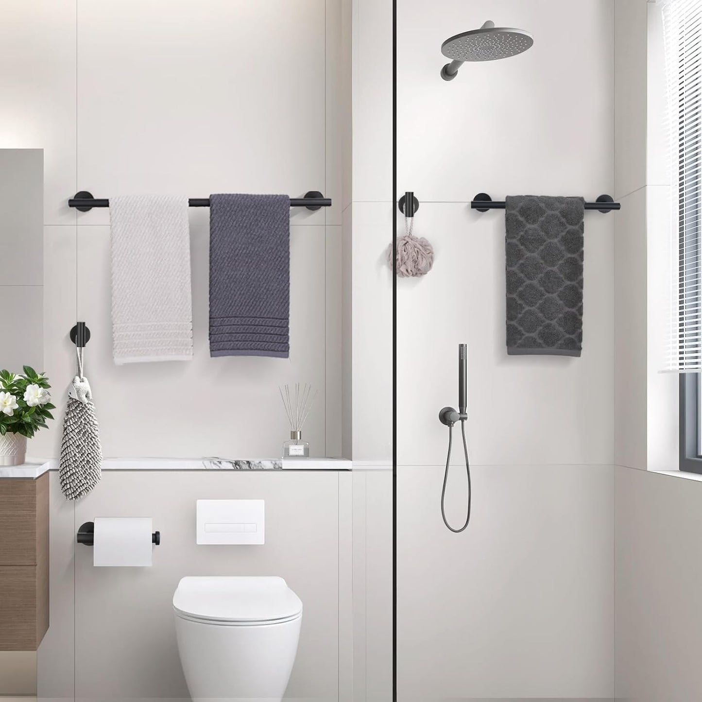 TURS Matte Black 10 Pieces Bathroom Hardware Set, SUS304 Stainless Steel 24 Inch Bath Towel Bar Set, Round Bathroom Accessories Kit Wall Mounted