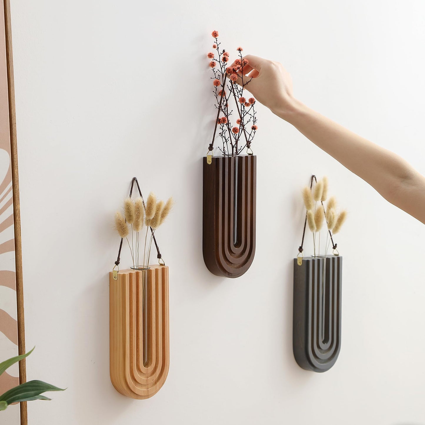 GRID FORTE Wood Wall Planter Indoor, Propagation Station, Wooden Hanging Vase for Dried Flowers, Plant Holder, Boho Wall Décor for Living Room Rainbow U Shape (Set of 3)