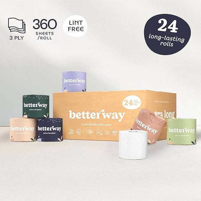 Betterway Bamboo Toilet Paper 3 Ply - Sustainable Toilet Tissue - 24 Long-Lasting Rolls & 360 Sheets Per Roll - Septic Safe - Organic, Plastic & PFAS Free - FSC Certified