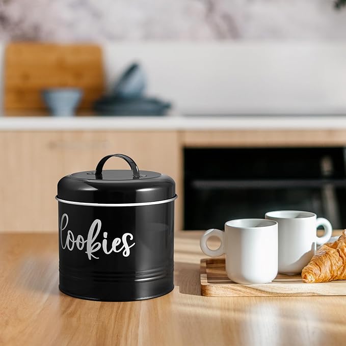 Farmhouse Cookie Jar for Kitchen Counter, 1 Gallon Vintage Cookie Jar with Airtight Lid, Large Food Storage Container for Candy, Cookies, Dessert, Black Kitchen Decor and Accessories