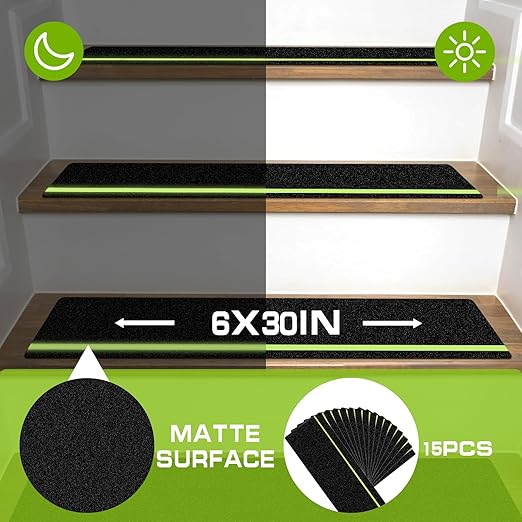 LadyRosian Outdoor Stair Treads Non Slip 15-Pack Black Glow 6" x 30" - Weather Resistant Adhesive Heavy Grip Tape - Waterproof Anti Skid Strips- Glow in The Dark 80-Grit Adhesive Treads