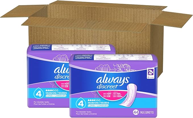 Always Discreet Adult Incontinence Pads for Women, Moderate Absorbency, Long Length, Postpartum Pads, 88 Count (2 Packs of 44)