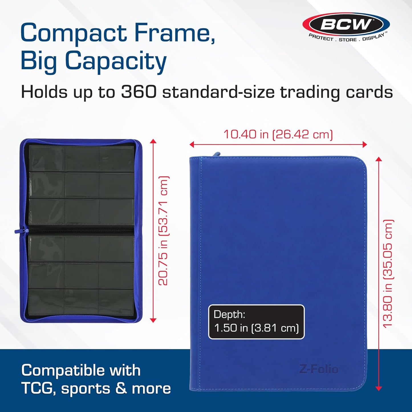 BCW Z-Folio 9-Pocket LX Album - Blue | Secure Zipper Card Organizer | Premium Leatherette Card Collection Binder | Trading Card Binder for Pokemon, MTG, Sport Cards and More