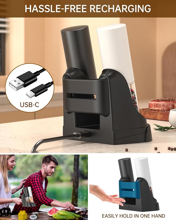 CIRCLE JOY Electric Salt and Pepper Grinder Set Automatic Salt and Pepper Mills Set with Easy-to-Carry Charging Base and LED Light, USB Rechargeable, Upgrade External Adjustable Coarseness