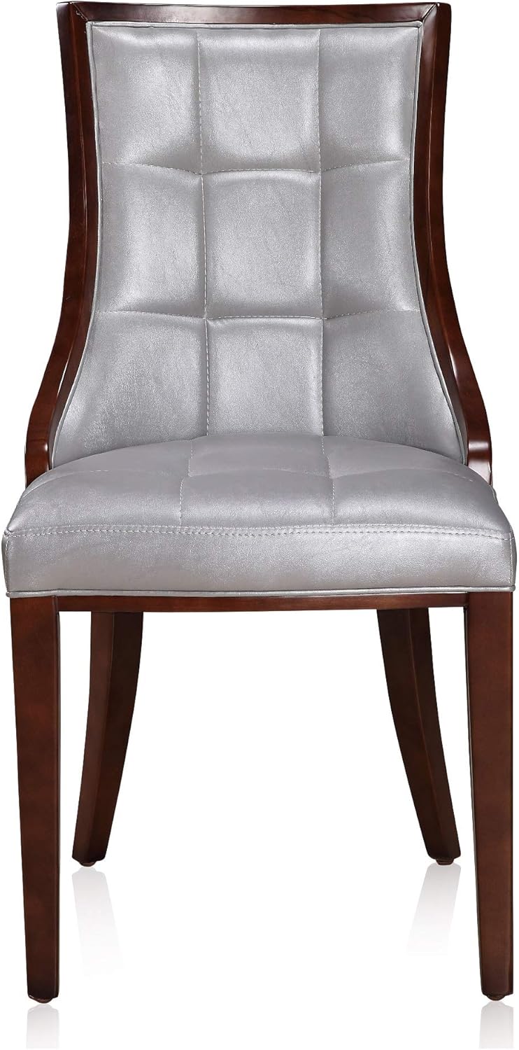 Manhattan Comfort Fifth Avenue Faux Leather Dining Chairs, Parsons Accent Furniture with Padded Wingback Seat, Fine Rectangular Stitching and Solid Beech Wood Frame, Set of 2, Silver