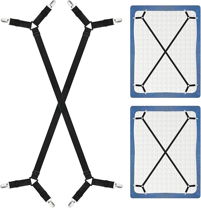 CHRORINE Bed Sheet Holder Straps Adjustable Sheet Fasteners Clips Keep Bedding Stays in Place, 2 Pcs/Set, Black