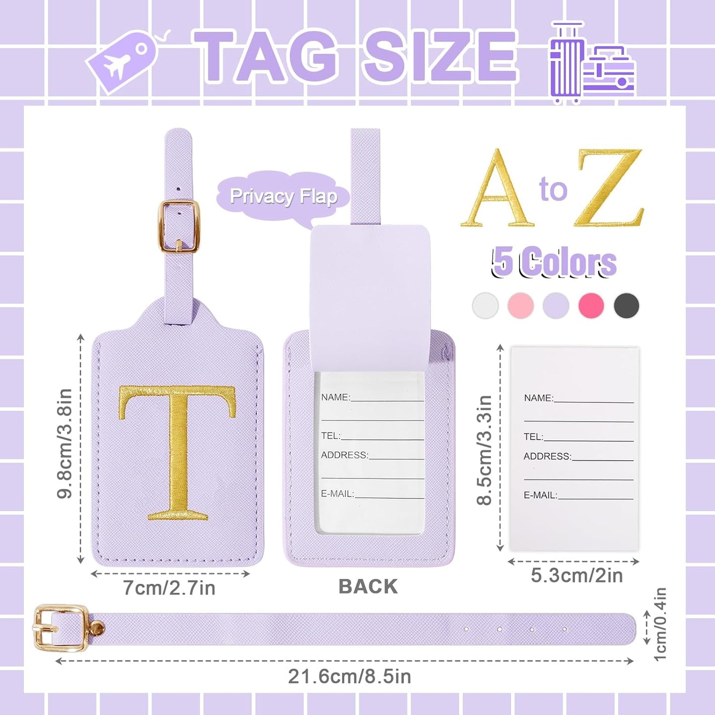 Personalized Initial Luggage Tags for Suitcase, Purple Leather Cute Luggage Tags with Privacy Cover Name Card, Embroidered Custom Monogrammed Luggage Tag Travel Backpack Tags Gifts for Women Kids(T)