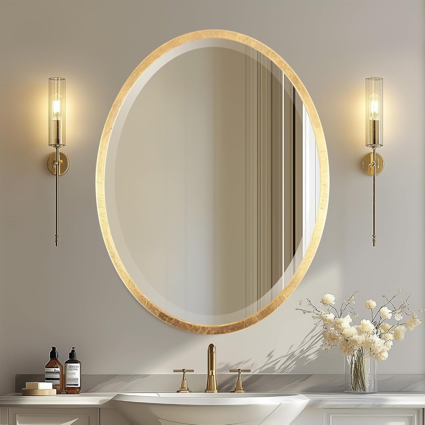 OVALCREST - Oval Wooden Beveled Wall Mirror for Home Decor, Bathroom, Vanity, Bedroom, Living Room, Hallway - London Style (Gold Leaf) 19.1 x 25.1