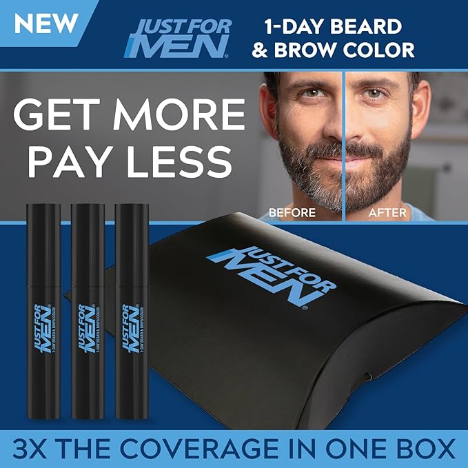 Just for Men 1-Day Beard & Brow Color, Temporary Color for Beard and Eyebrows, For a Fuller, Well-Defined Look, Up to 30 Applications, Light Brown, Ships in Eco-Friendly Packaging (Pack of 3)