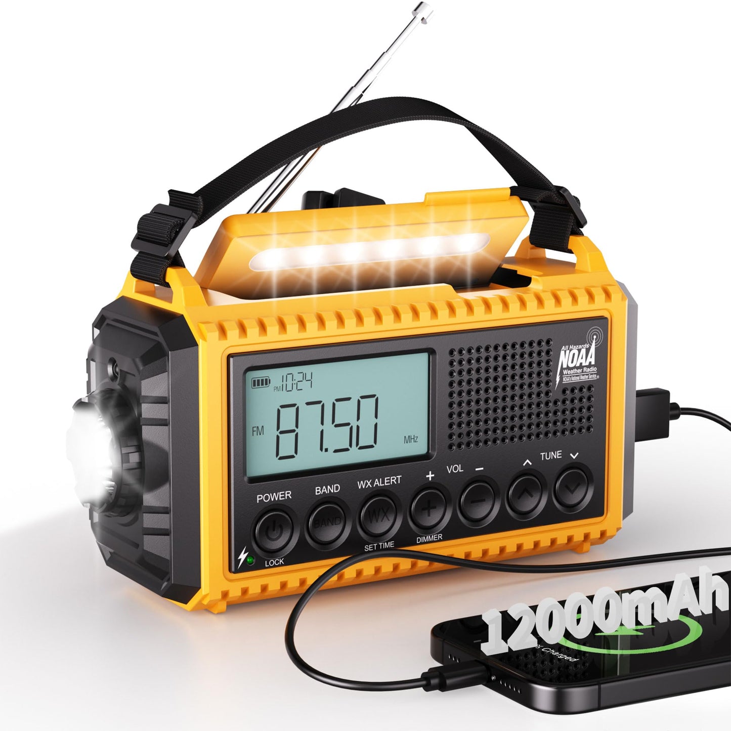 Mesqool 12000 Emergency Radio, Auto Digital Weather Radio NOAA/AM/FM/SW Battery Backup Crank with Flashlight Phone Charger, Port