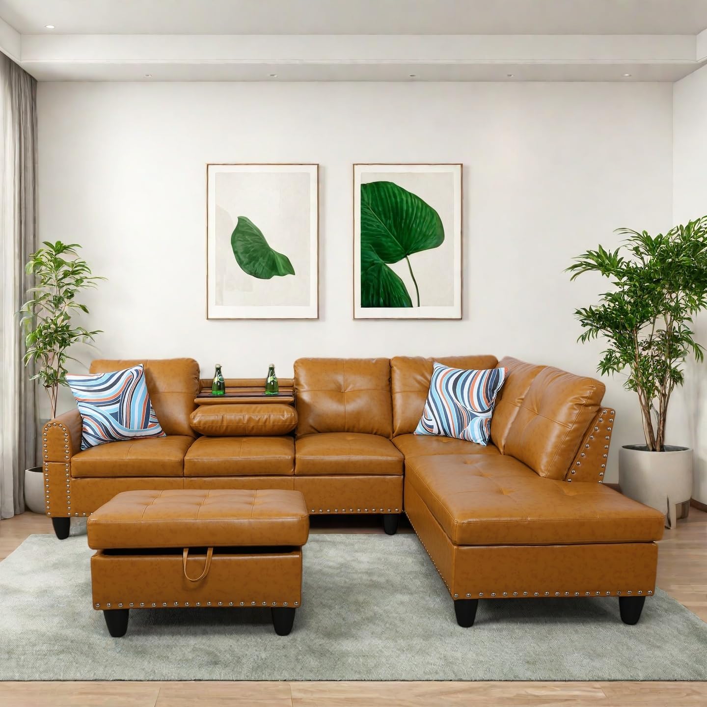 Modern Living Room Furniture Sets with Cup Holder, Modular Sectional Couches with Chaise Lounge, 4-Seaters L Shape Sofa with Storage Ottoman, for Living Room, Faux Leather, Ginger
