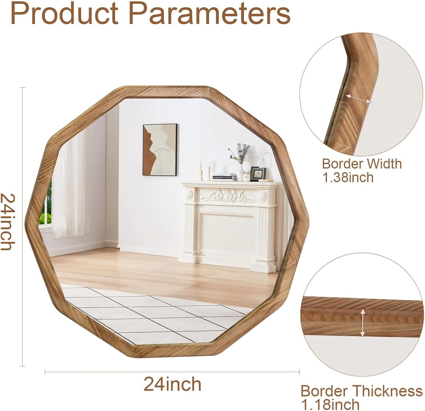 ULIKE Wood Mirror for Wall, 24 Inch Rustic Farmhouse Mirror with Wood Frame, Decorative Wall Mounted Vanity Mirrors for Bathroom Bedroom Living Room Entryway, Brown