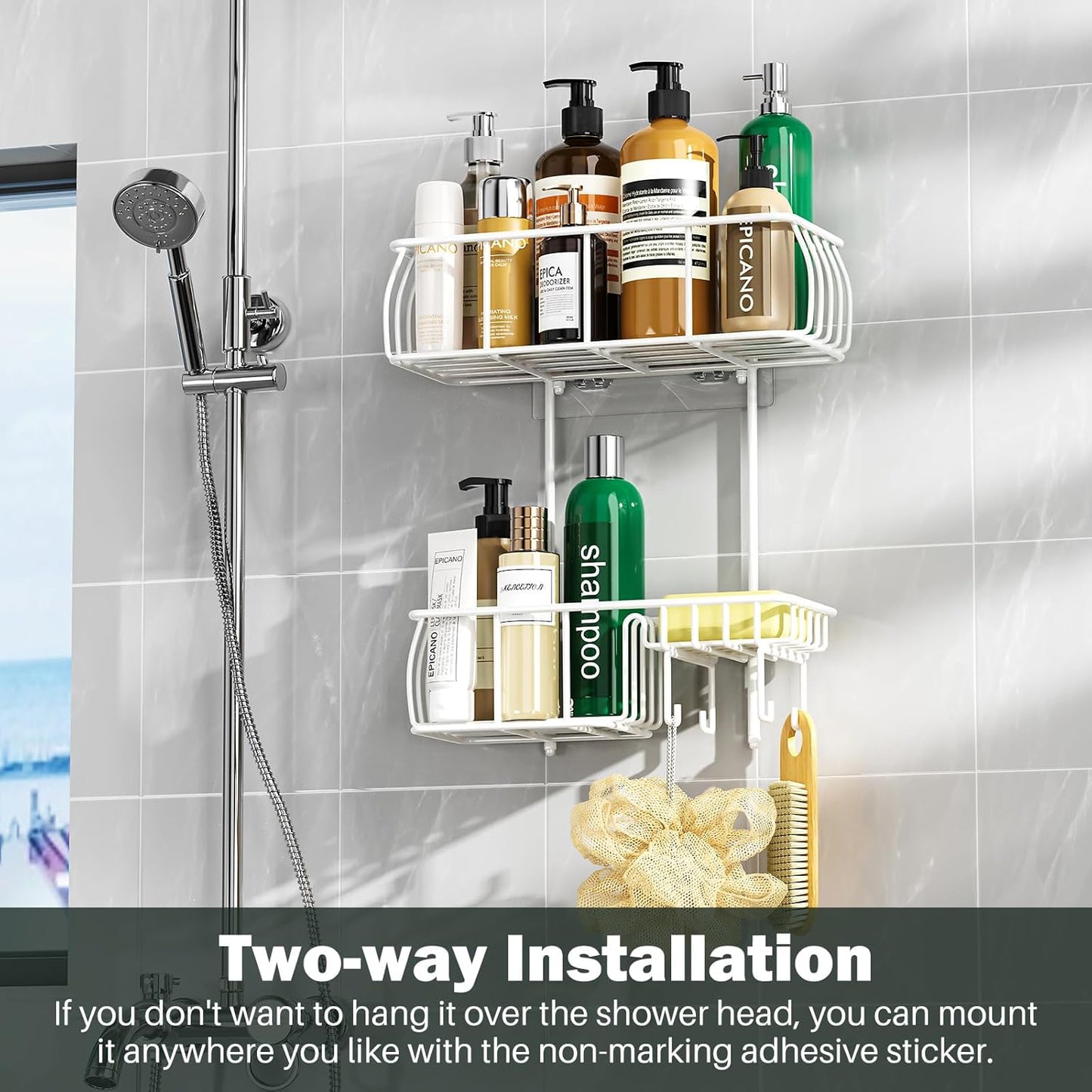 Epicano Shower Caddy Hanging, Anti-Swing Over Head Shower Caddy Rustproof with hooks for Towels, Sponge and more,White