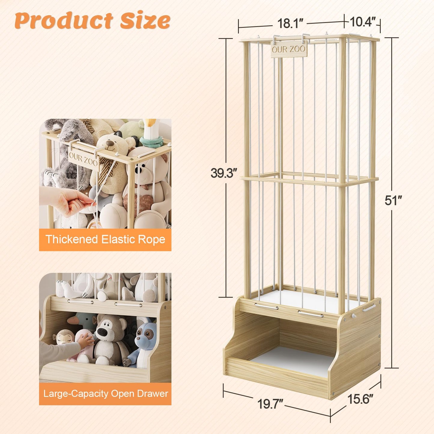 EXPERLAM Stuffed Animal Storage, Wood Stuffed Animal Zoo with Toy Chest, Vertical Stuffed Animal Holder with Thicker Elastic Band, Plushies Storage for Playroom, Living Room, Nurseryroom, Bedroom