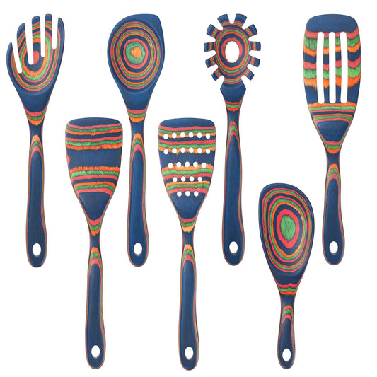 7 Pcs Wood Cooking Utensils Set, Wooden Kitchen Utensil Set for Cooking, Wooden Cooking Spoons & Spatulas, Safe for Non-Stick Cookware, Blue