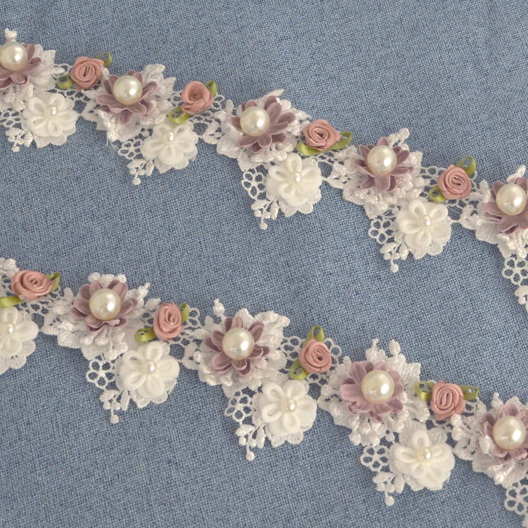 Kuasting 2 Yard Vintage Pearl Flower Ribbon Scallop Edge Trim Sewing Lace Trim Handmade DIY Sewing Supplies for Dress Embellishment (Pearl lace)