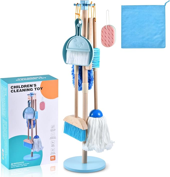 WHOHOLL Wooden Kids Cleaning Toy Set, Montessori Toys for Toddlers 3-5, Housekeeping Play Set Includes Broom Mop Duster Dustpan Sponge and Organizing Stand, Christmas Birthday Gifts for Boys Girls