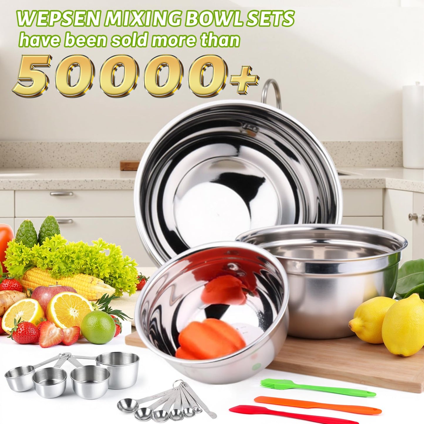 WEPSEN Mixing Bowls with Lid Set, 25PCS Kitchen Utensils Metal Bowl Stainless Steel Nesting Bowls, Measuring Cups and Spoons, Egg Whisk for Baking Prepping Cooking Serving Supplies