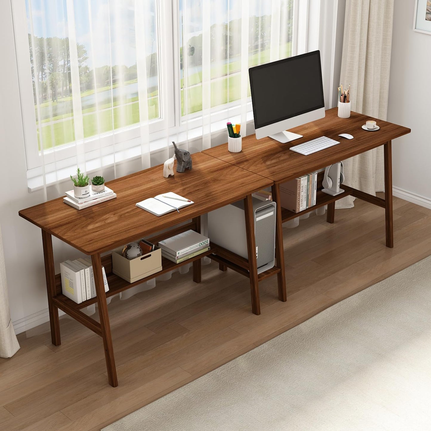 2-Person Writing Desk with Bookshelf - 94" Wooden Extra Long Home Office Work Table, Double Study Computer Workstation with Storage Shelves in Walnut, 94" W x 24" D