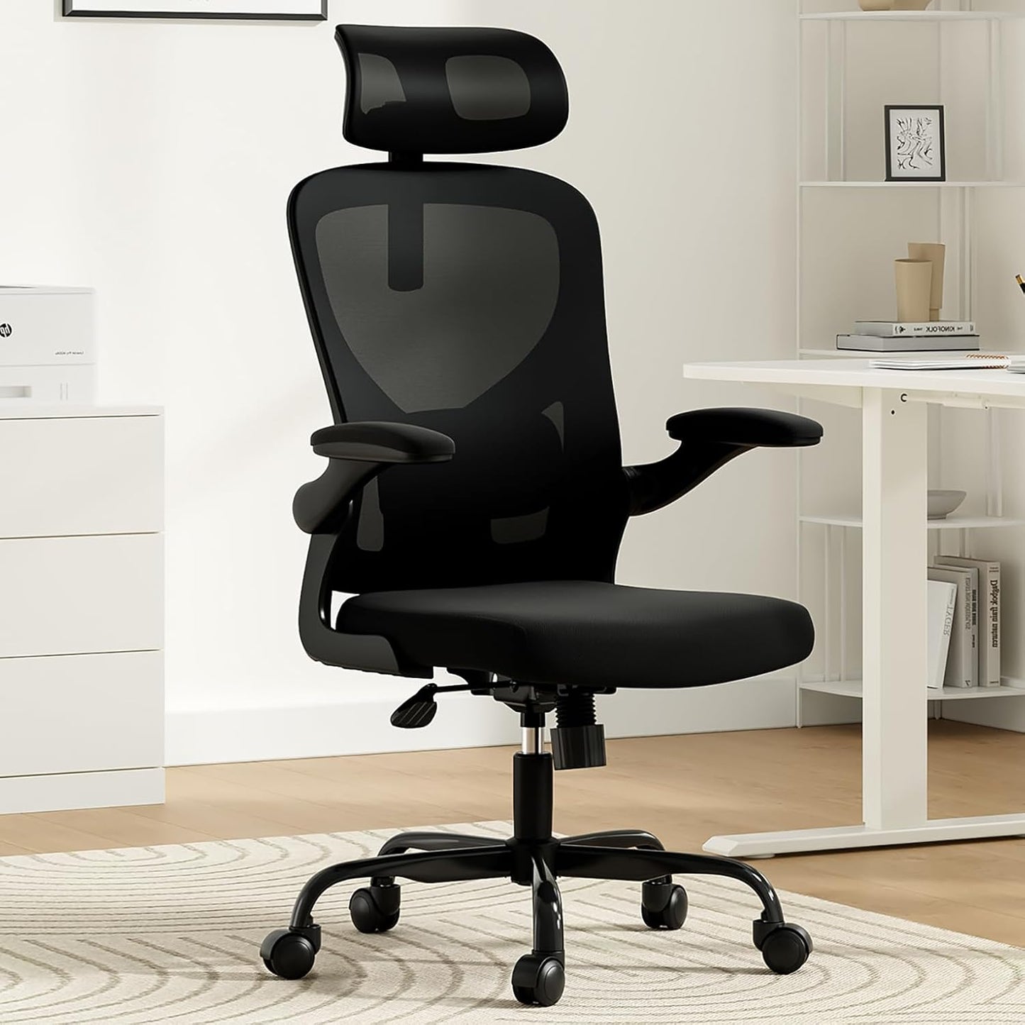 Ergonomic Office Chair, Comfy Home Office Chair High Back Computer Chair with Headrest, Adjustable Back Support, Flip-Up Arms, 90-120° Tilt and Wide Cushion, Up to 300lbs,Black