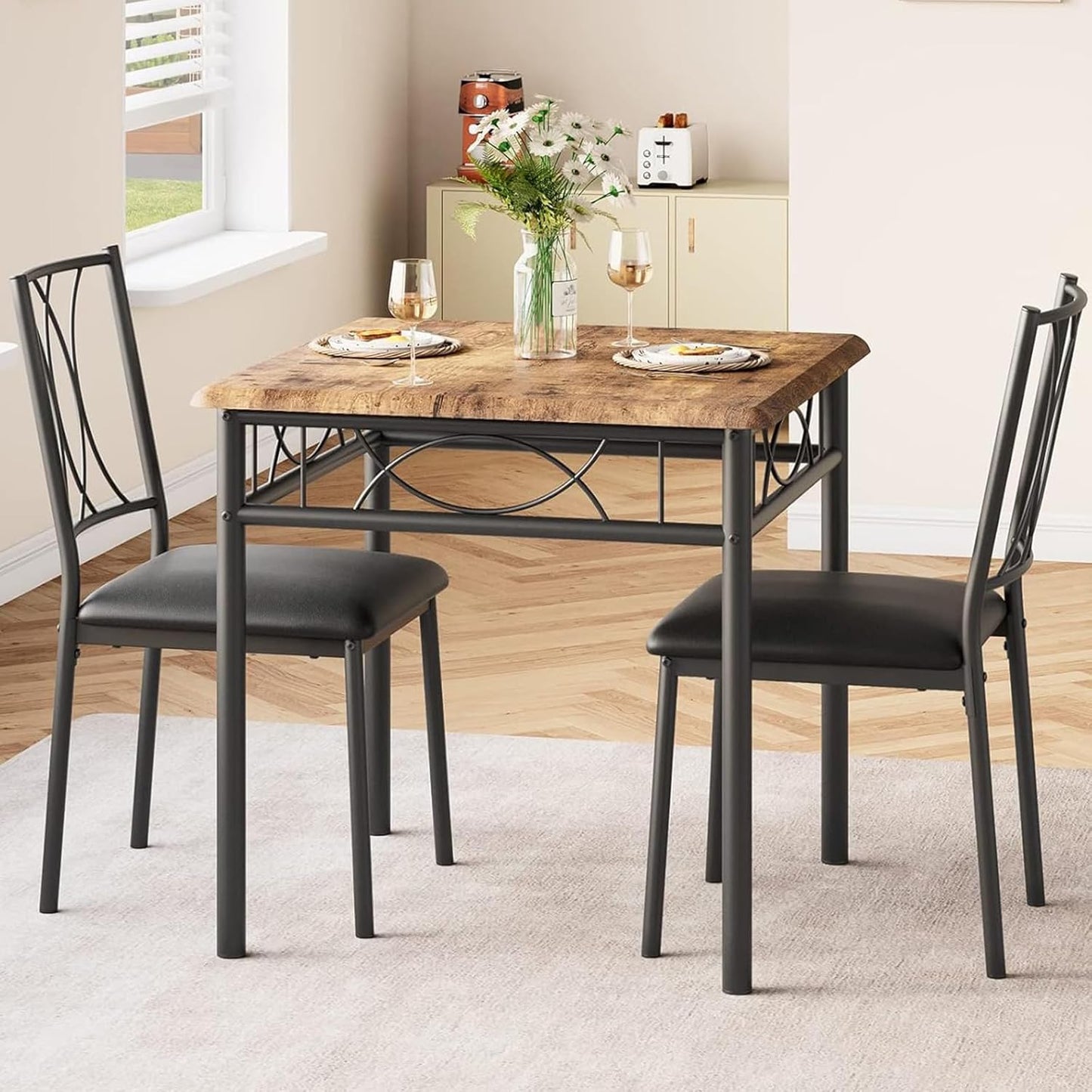 IDEALHOUSE Dining Table Set for 2, Square 3 Piece Kitchen Room Sets with 2 Upholstered Chairs, Compact Dining Room Table Set for Apartment, Small Space, Retro Brown