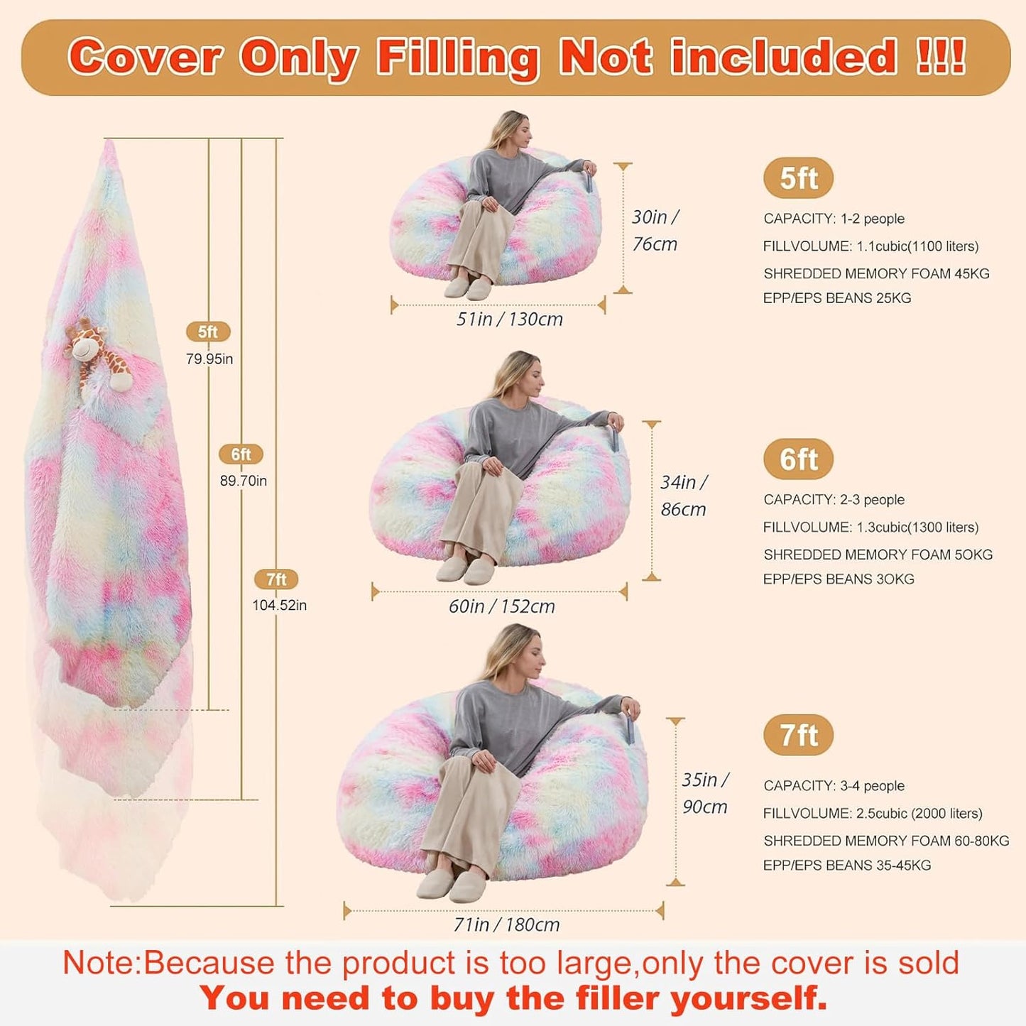 5FT Rainbow Bean Bag Chair Cover for Stuffed Animals Storage, Gaint Faux Fur Washable Bean Bag Covers(No Filler) for Textile Plush Toys, Colorful Beanbag Chair Cover for Adults Teens girl gifts
