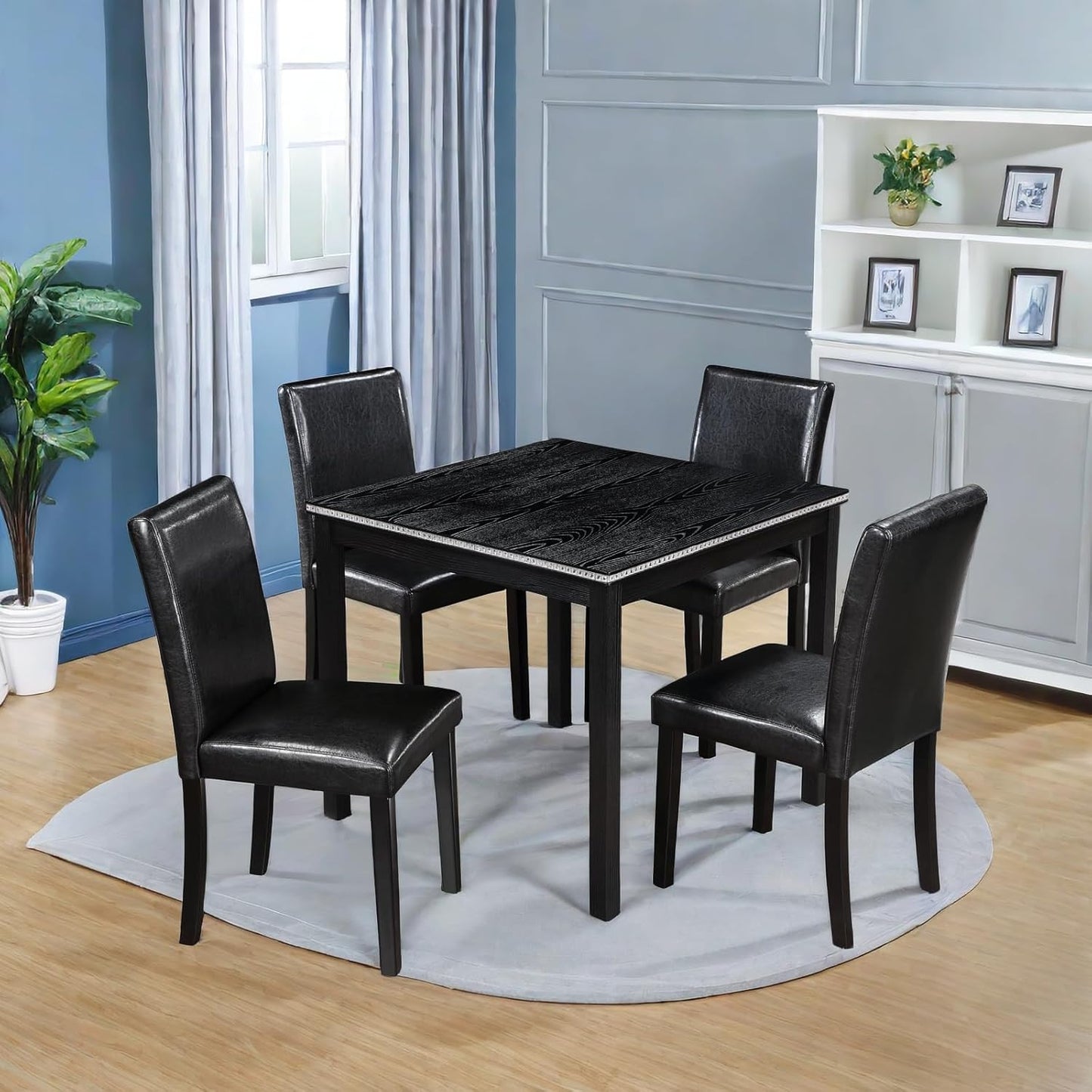 Dining Table Sets, 5-Piece Kitchen Table & Chair Sets with Square Crystal Decoration Table & 4 PU Upholstered Chairs,Wooden Dining Table Set for Dining Room,Black