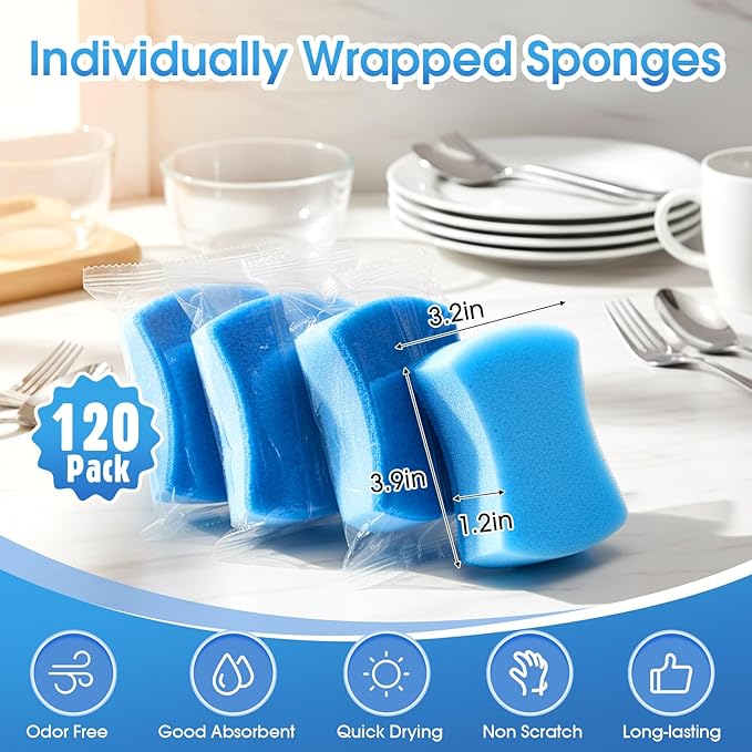 Tioncy 120 Pcs Individually Wrapped Non-Scratch Scrub Sponges Bulk Dual-Sided Dishwashing Sponge Dish Scrubber for Kitchen, Restaurant, Washing Dishes, Home Cleaning, Pots, Pans, Car, Bike
