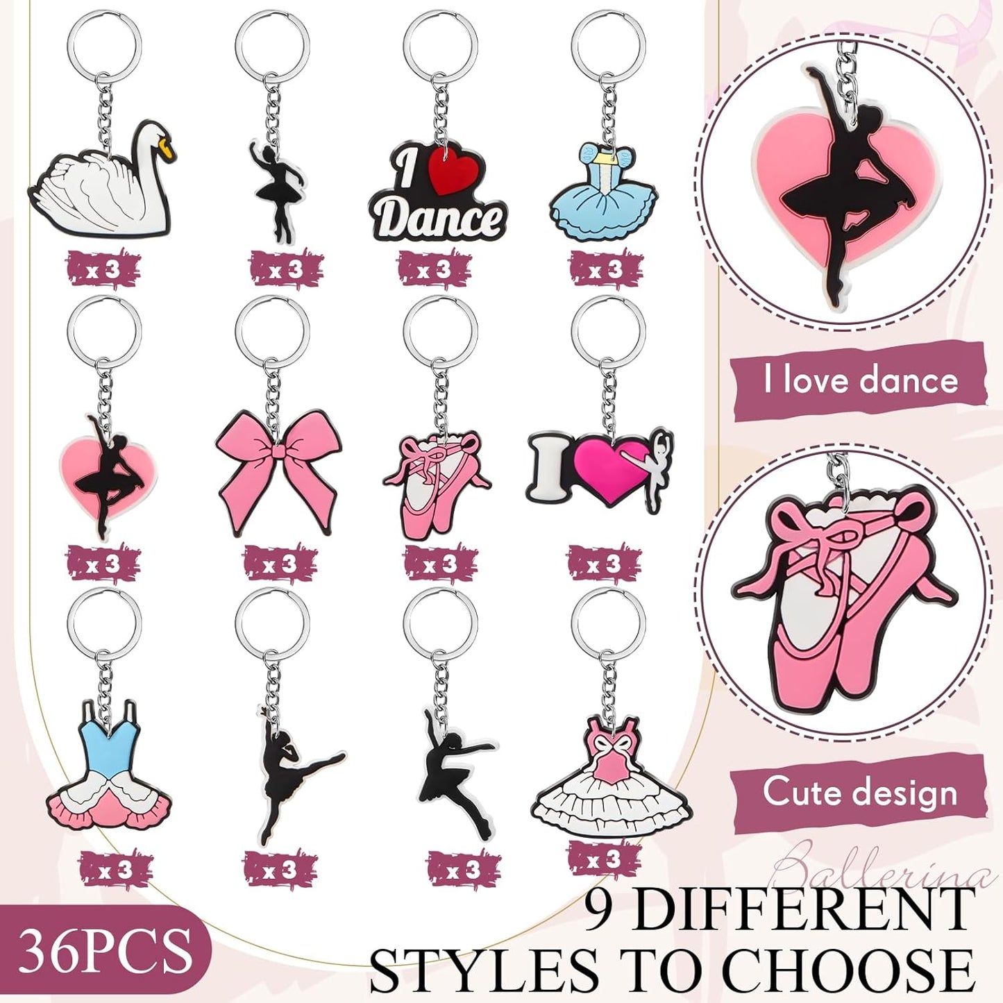 Batiyeer 36 Pack Dance Keychains Bulk Party Favors Sports Ball Key Chains Funny Keyring Gifts for Birthday Supplies