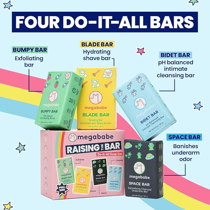 Megababe Raising the Bar Do-It-All Soap Set | Stocking Stuffer Holiday Gift | Includes Space, Bidet, Bumpy, & Blade Bars