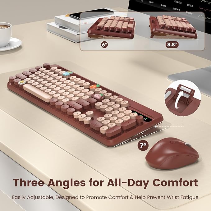 Wireless Keyboard and Mouse Combo, Retro Round Keycaps, Full-Size Stylish Typewriter Keyboard with Phone/Tablet Holder, Ergonomic Mouse with 3-Level DPI, 2.4GHz Connection for Windows/PC (Burgundy)