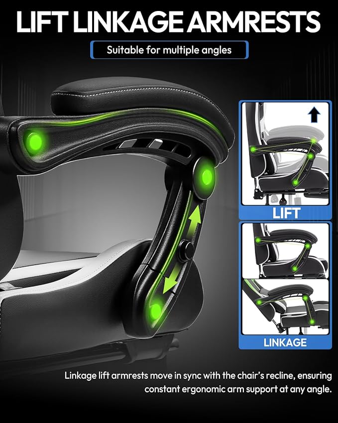 Dowinx Ergonomic Gaming Chair with Footrest & Massage Lumbar, 2D-Linkage Armrests for Computer Chair 330lbs with Headrest Pillow for Office, Home, Streaming and Long Gaming Sessions, White