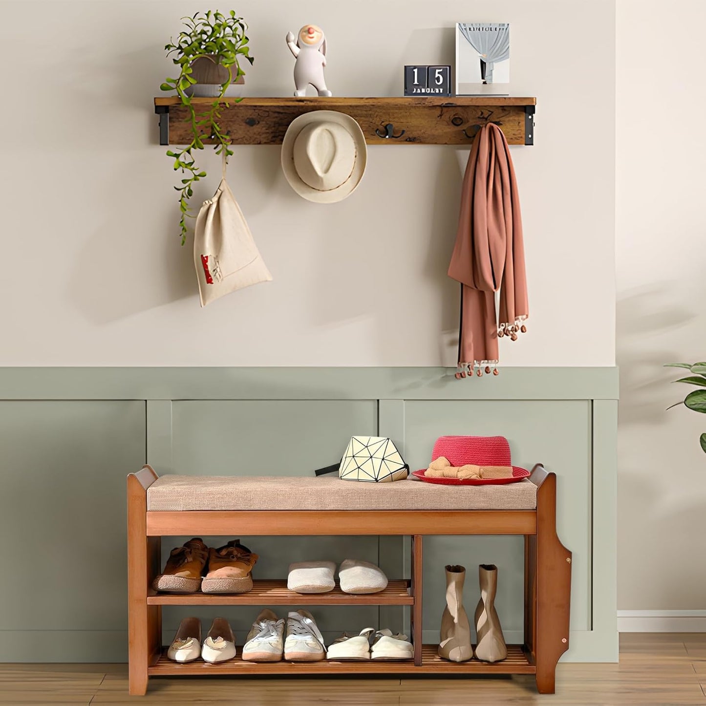 Shoe Storage Bench for Entryway, Bamboo Entryway Bench with Hidden Drawer and Side Brackets,2-Tier Shoe Rack Organizer for Entryway, Hallway,Bedroom and Bathroom