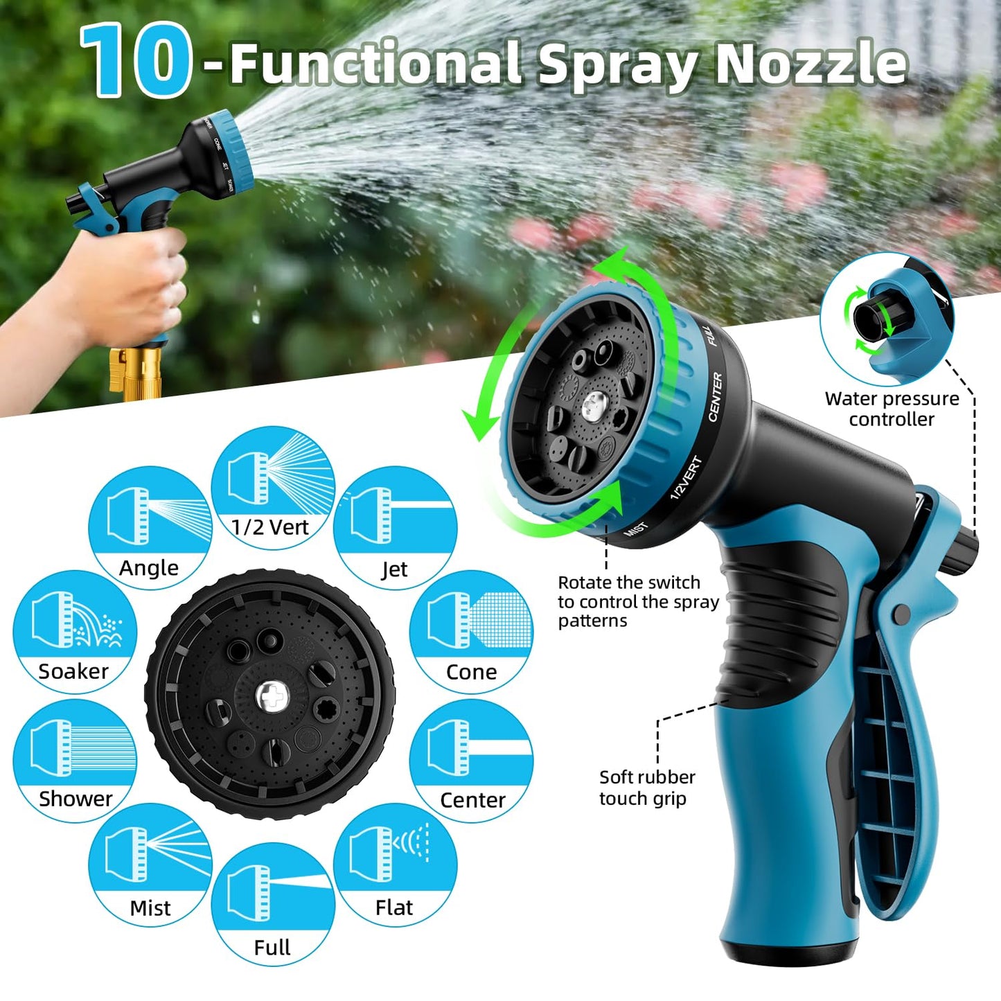 Garden Hose, Non-Expandable Water Hose 125 ft, Flexible, Kink & Leak Proof Water Pipe with 10-Function Spray Nozzle, Lightweight Outdoor Hose for Yard, Lawn, Car Wash, RV and Home Use