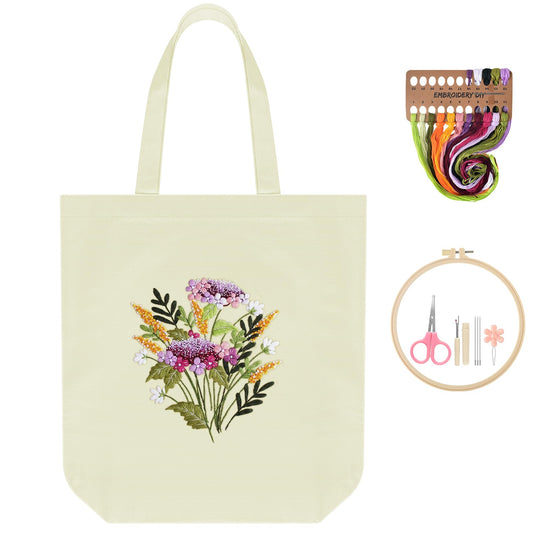 ERKOON Canvas Tote Bag Embroidery Kit for Beginners, Floral Arts Crafts Cross Stitch Kits for Adults Including Stamped Embroidery Bag with Hoops, Needle, Instruction and Color Threads(Colorful Time)