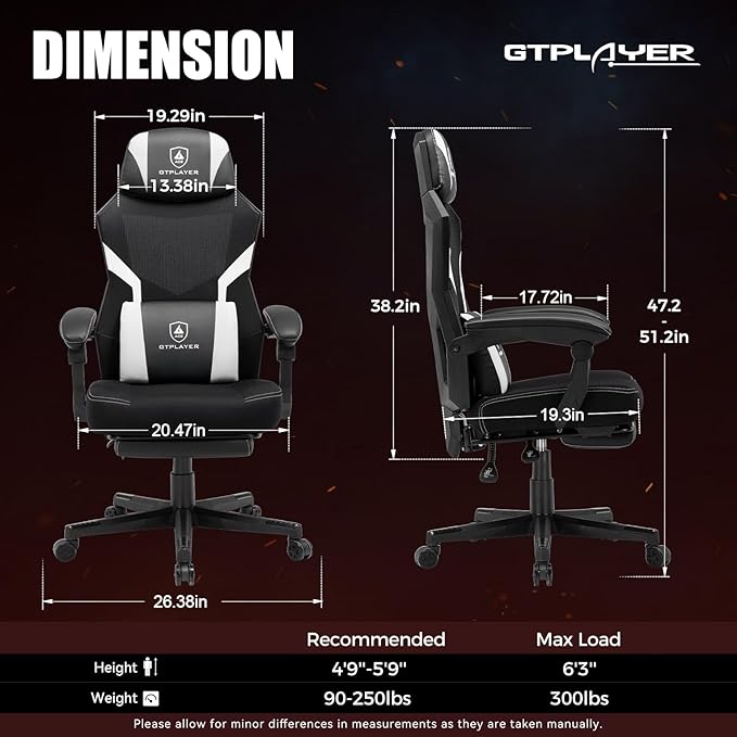 GTPLAYER Gaming Chair, Mesh Office Chairs with Footrest for Adults, Big and Tall Gamer Ergonomic Computer Chair with Height Adjustable (White)