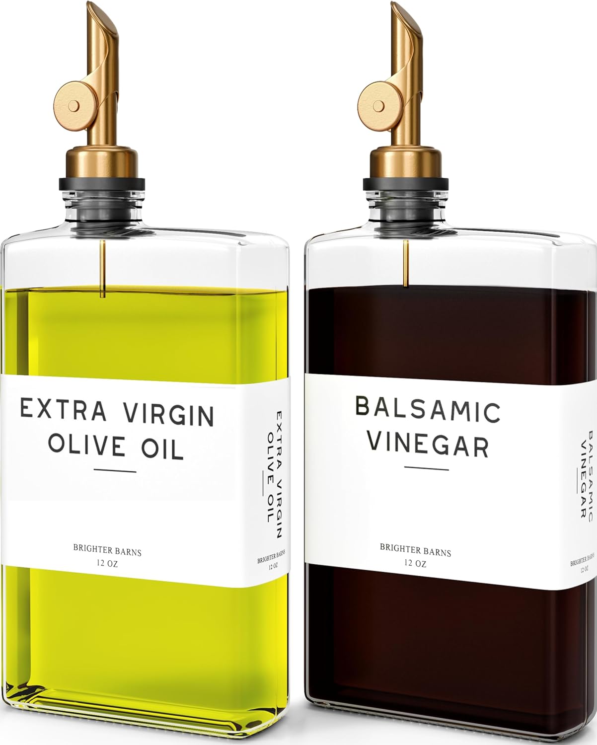 Glass Olive Oil Dispenser Bottle for Kitchen by Brighter Barns - Coffee Syrup Dispenser, Oil and Vinegar Bottle - Modern Kitchen Essentials for Restaurants, Coffee Bar, Airbnb (Clear/Gold, Set of 2)