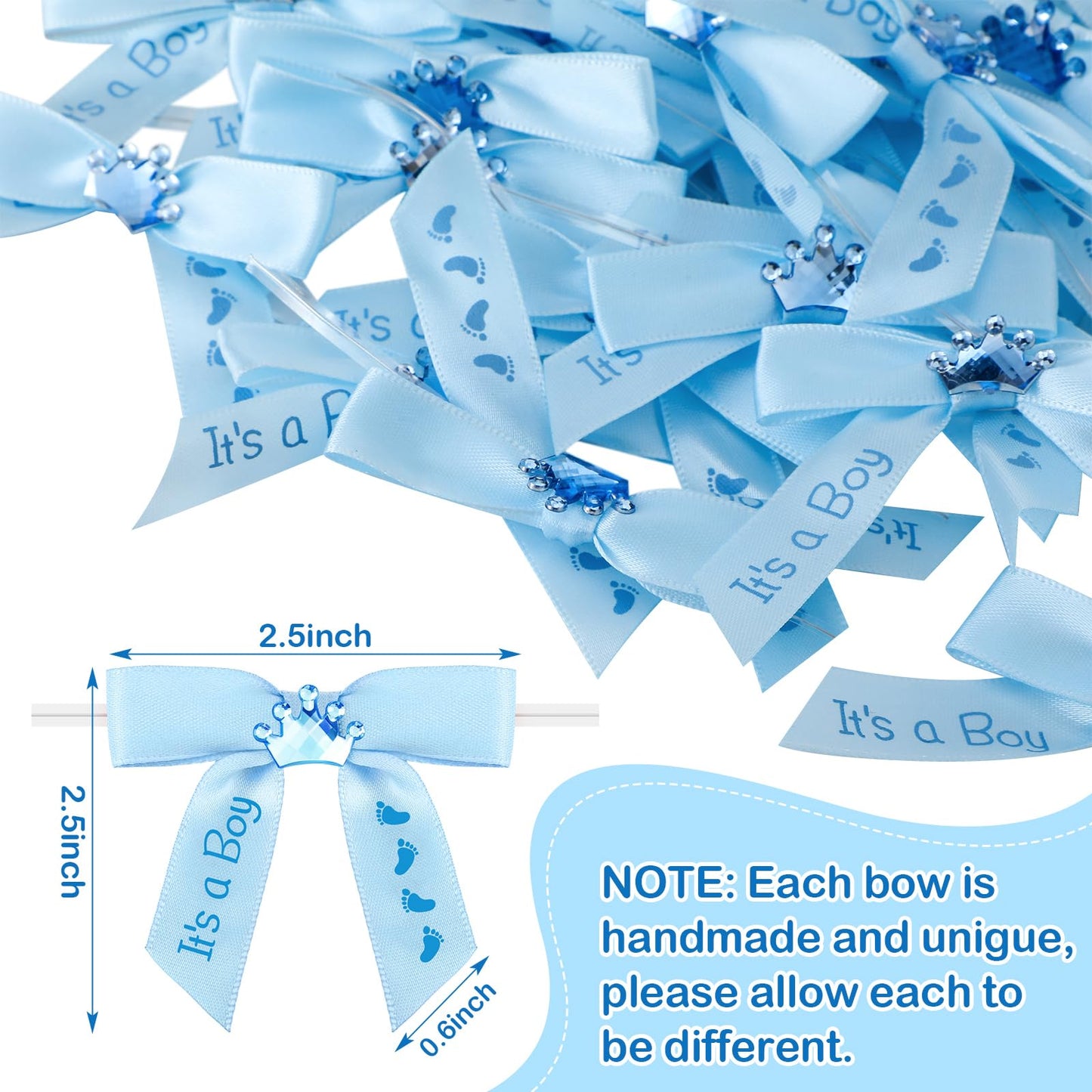 Wavwavw 100 Pcs Baby Shower Satin Ribbon Twist Tie Bows 2.5" Pre Tied Craft Bow Baby Foot Print Ribbon Bows for Baby Shower Birthday Party Treat Bags Gift Wrapping Basket Decor (Baby Blue)