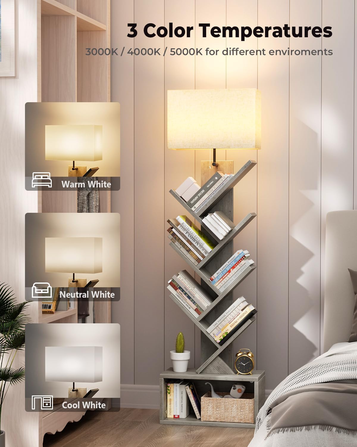 6 Tier Tree Bookshelf with Light, Narrow Bookcase Tower, Tall Floor Standing Book Shelf Organizer with Storage Cabinet for Living Room, Bedroom and Home Office, Gray
