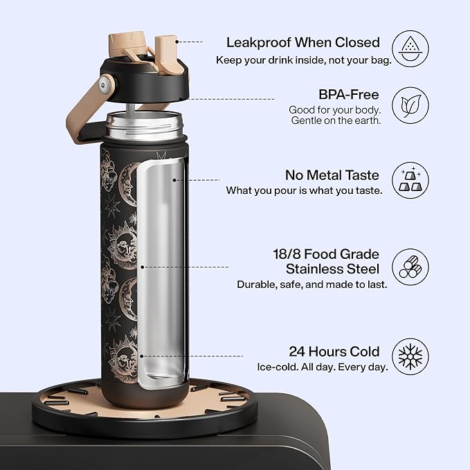 ENCOOL Insulated Water Bottle with Straw Stainless Steel Water Bottle, Leak-Proof, BPA-Free, Double Wall Vacuum Keeps Cold for 24 Hours for Sports, Travel, School (26 oz, Solar Veil)