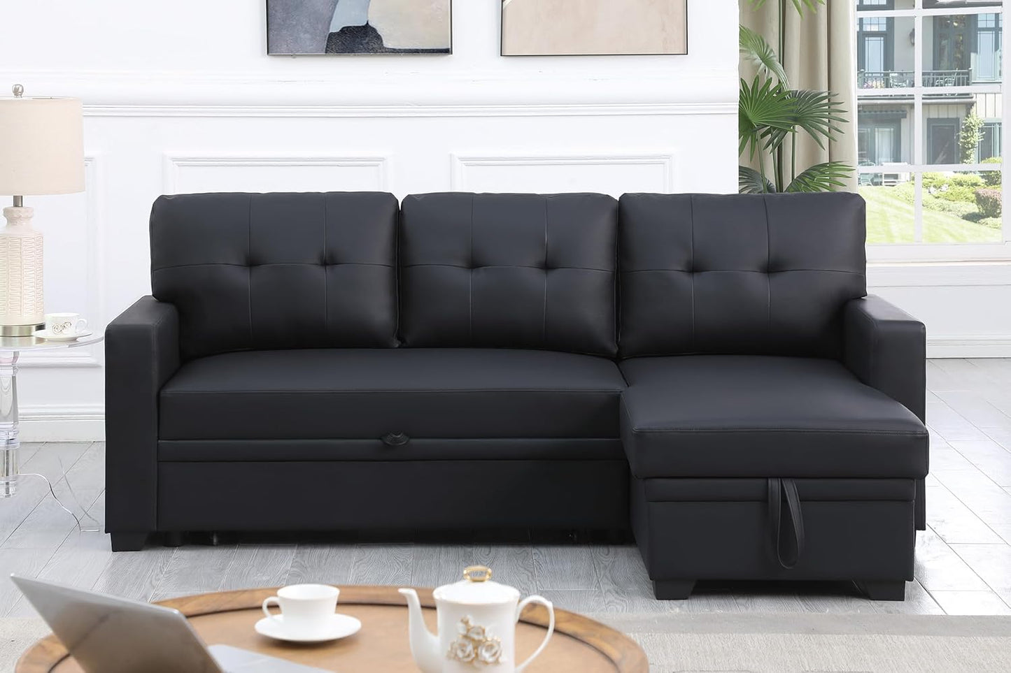 Devion Furniture Maison 4-in-1 Convertible L Shaped Couch with Pull Out Bed and Storage, Sectional Sleeper Sofa with Reversible Chaise for Living Room, Apartment, Bedroom, Office