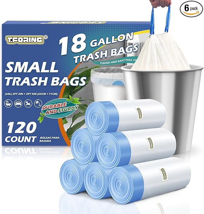 18 Gallon Trash Bags with Drawstring - 120 Count Heavy Duty 1.7 Mil Garbage Bags 68 Liter Tall Kitchen Bin Liners Unscented White for Home Yard Lawn