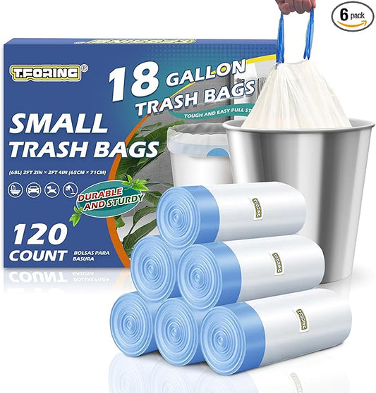 18 Gallon Trash Bags with Drawstring - 120 Count Heavy Duty 1.7 Mil Garbage Bags 68 Liter Tall Kitchen Bin Liners Unscented White for Home Yard Lawn