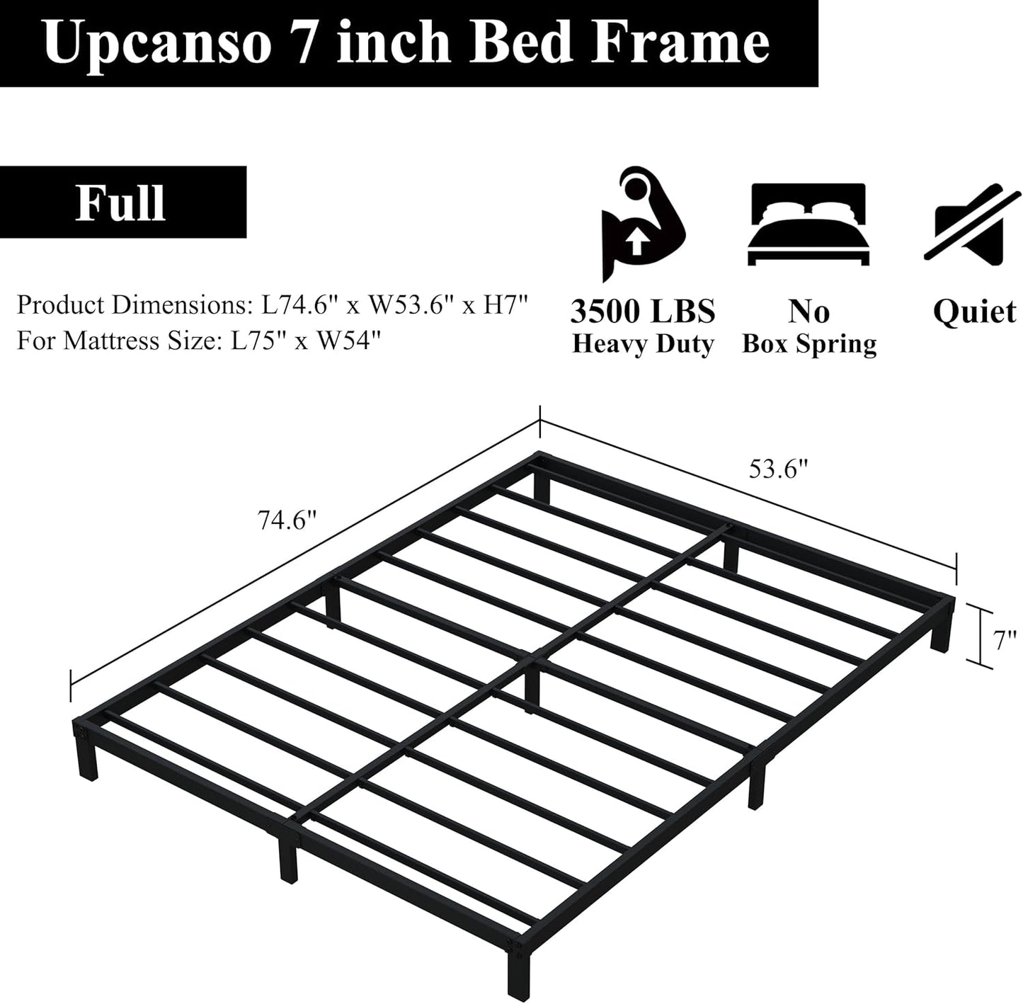 7 Inch Full Bed Frame No Box Spring Need, Low Profile Metal Platform Full Size Bed Frame, Heavy Duty Support Bedframes Full, Easy Assembly