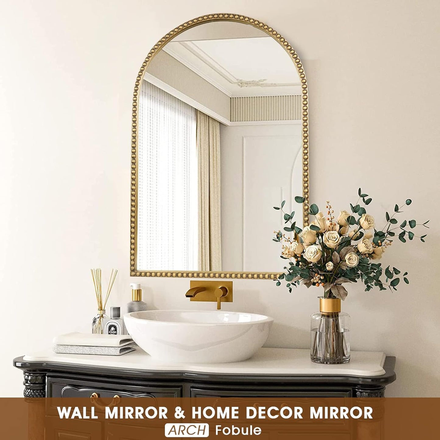 Arched Wall Mirror for Bathroom, 30"x40" Metal Beaded Frame Decorative Accent Mirror, Large Modern Distressed Hanging Wall Decor for Washroom, Bedroom, Living Room, Entryway, Antique Gold